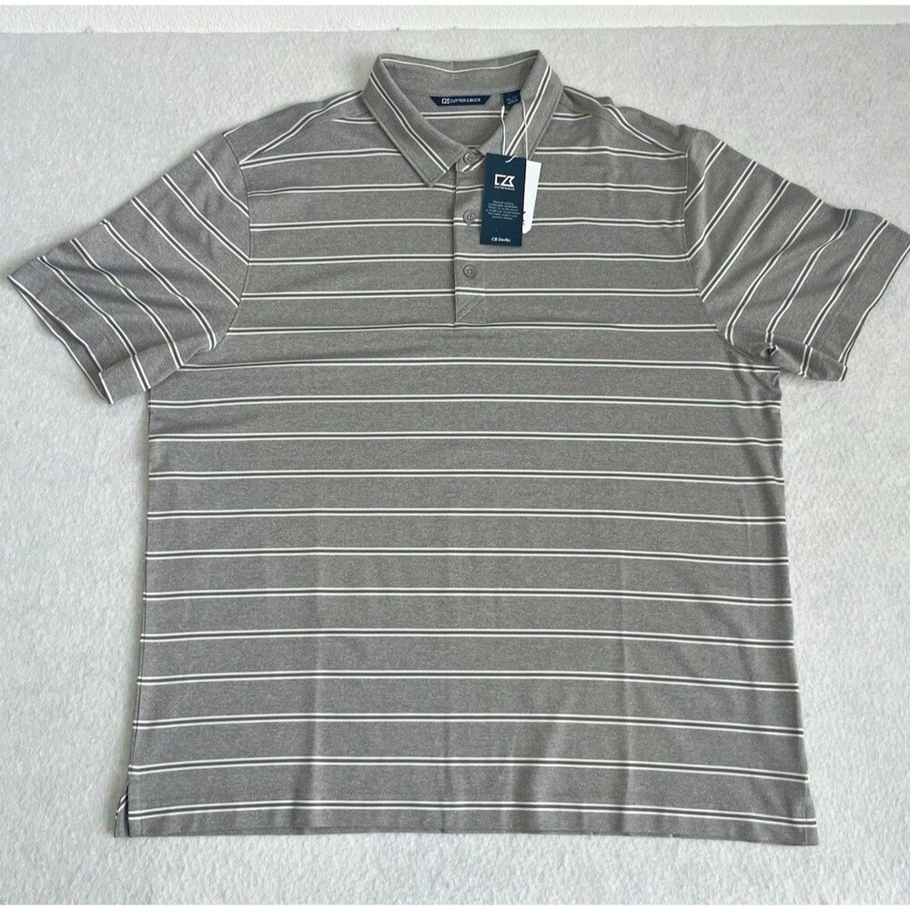 Cutter & Buck CB DryTec Golf Polo Shirt Mens XL Gray White Striped NWT